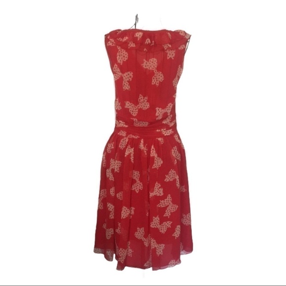 100% Silk Red Bow Pattern Midi Dress – Ladies Low Cut V-Neck size 0 - Picture 2 of 8